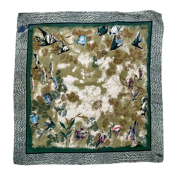 Vintage Square Fish Scarf 33" Green Cream Brown Multi Countryside Old Money - Picture 1 of 8
